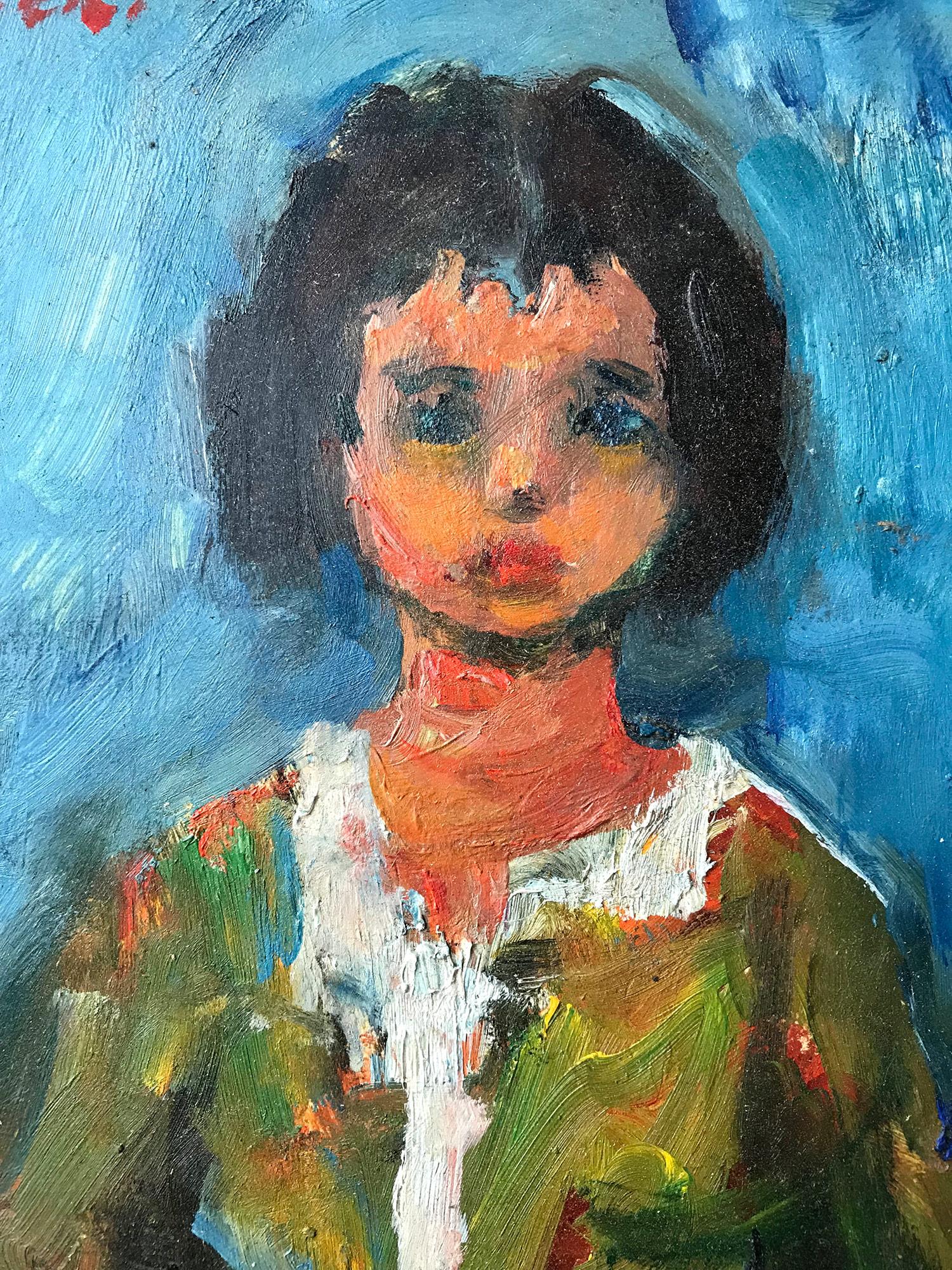 This painting depicts a whimsical portrait of a young girl with dark hair against an ultramarine blue background. The bright colors and quick brush strokes are what make this painting so attractive and desirable. The piece is done in a highly