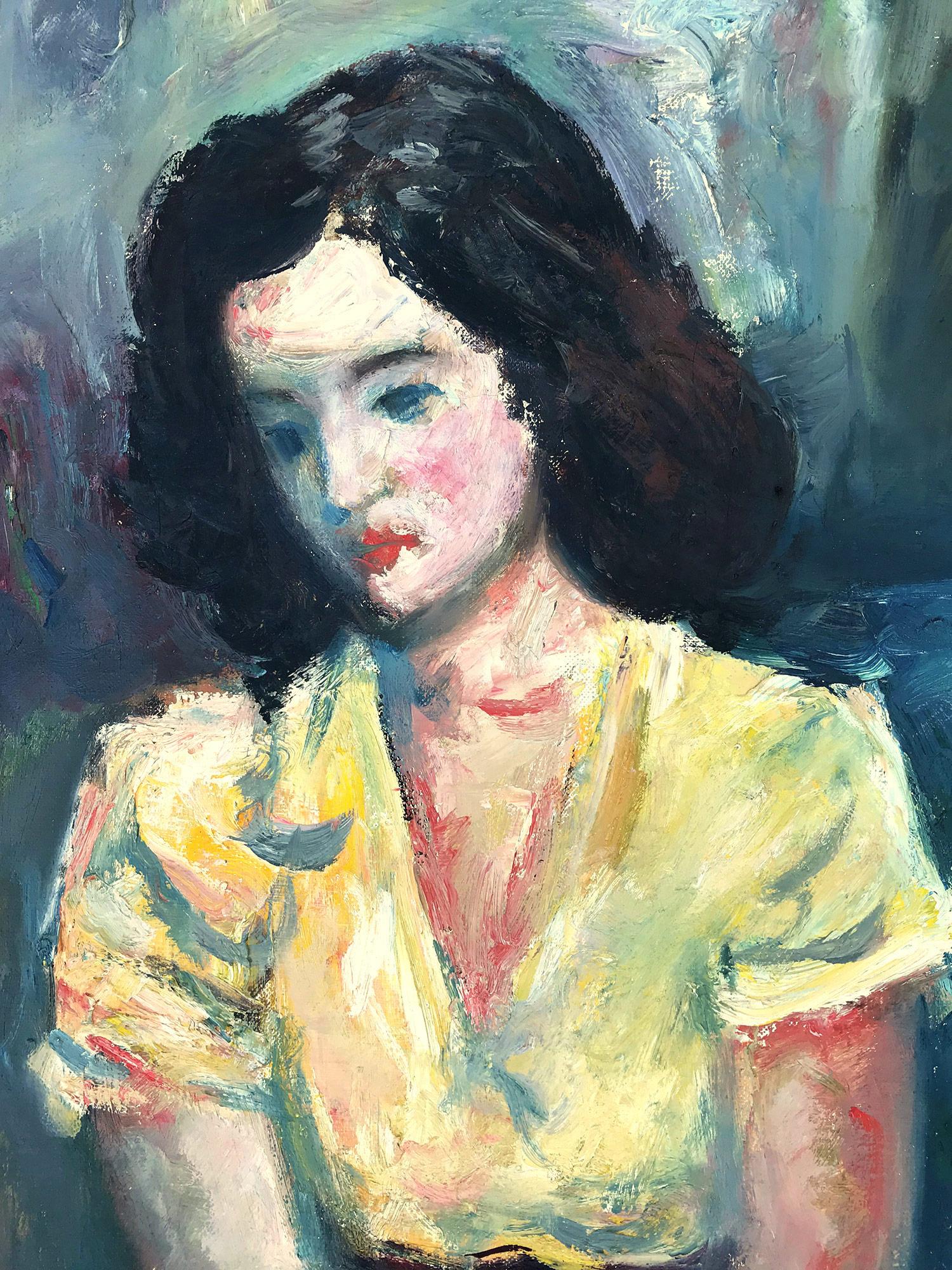 This painting depicts a whimsical portrait of a young girl posing with hands crossed in a light yellow blouse and dark black hair. The bright colors and quick brush strokes are what makes this painting so attractive and desirable. The piece is done