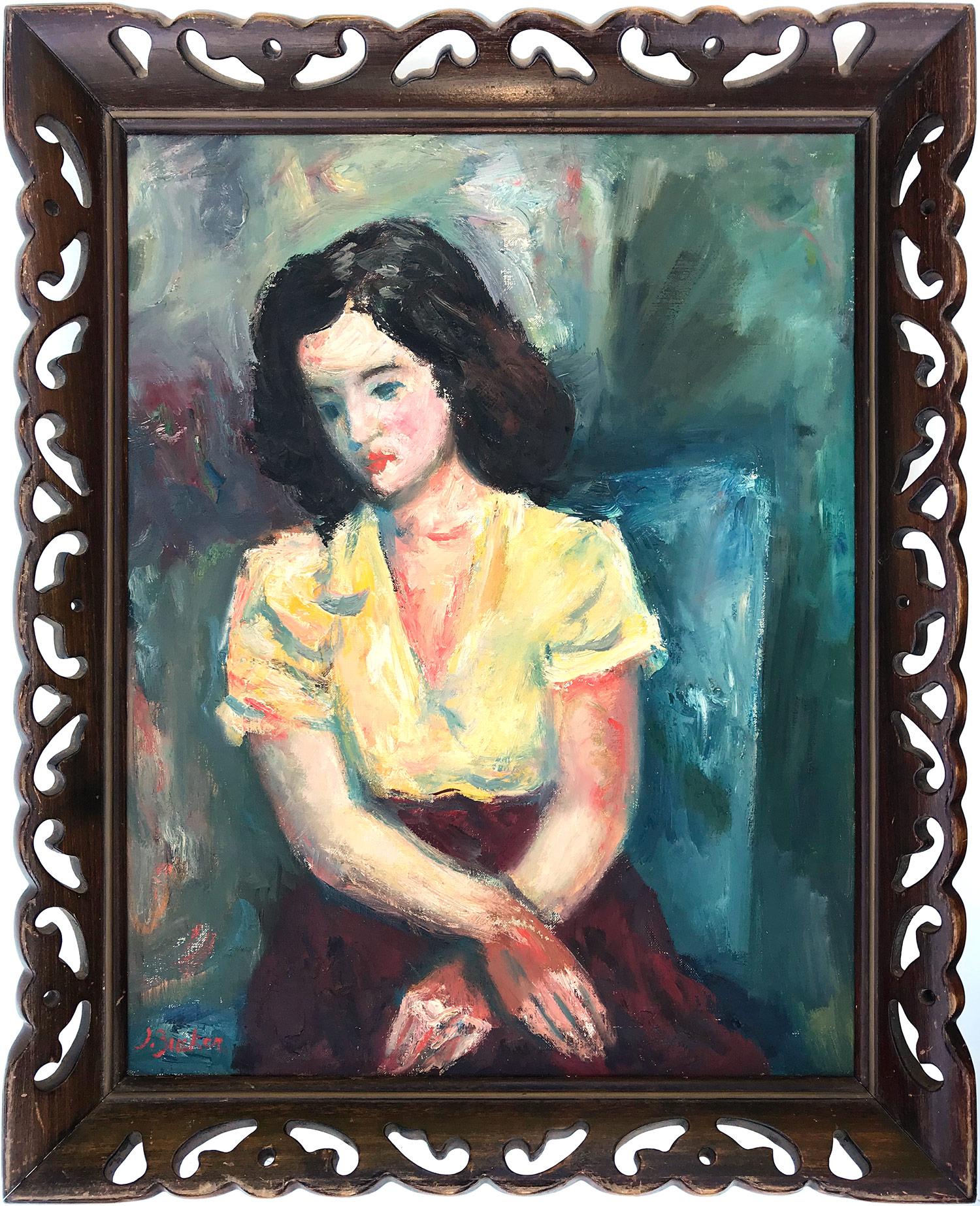 Jacques Zucker Portrait Painting - "Portrait of a Woman in Yellow Blouse" Post-Impressionism Oil Painting on Canvas