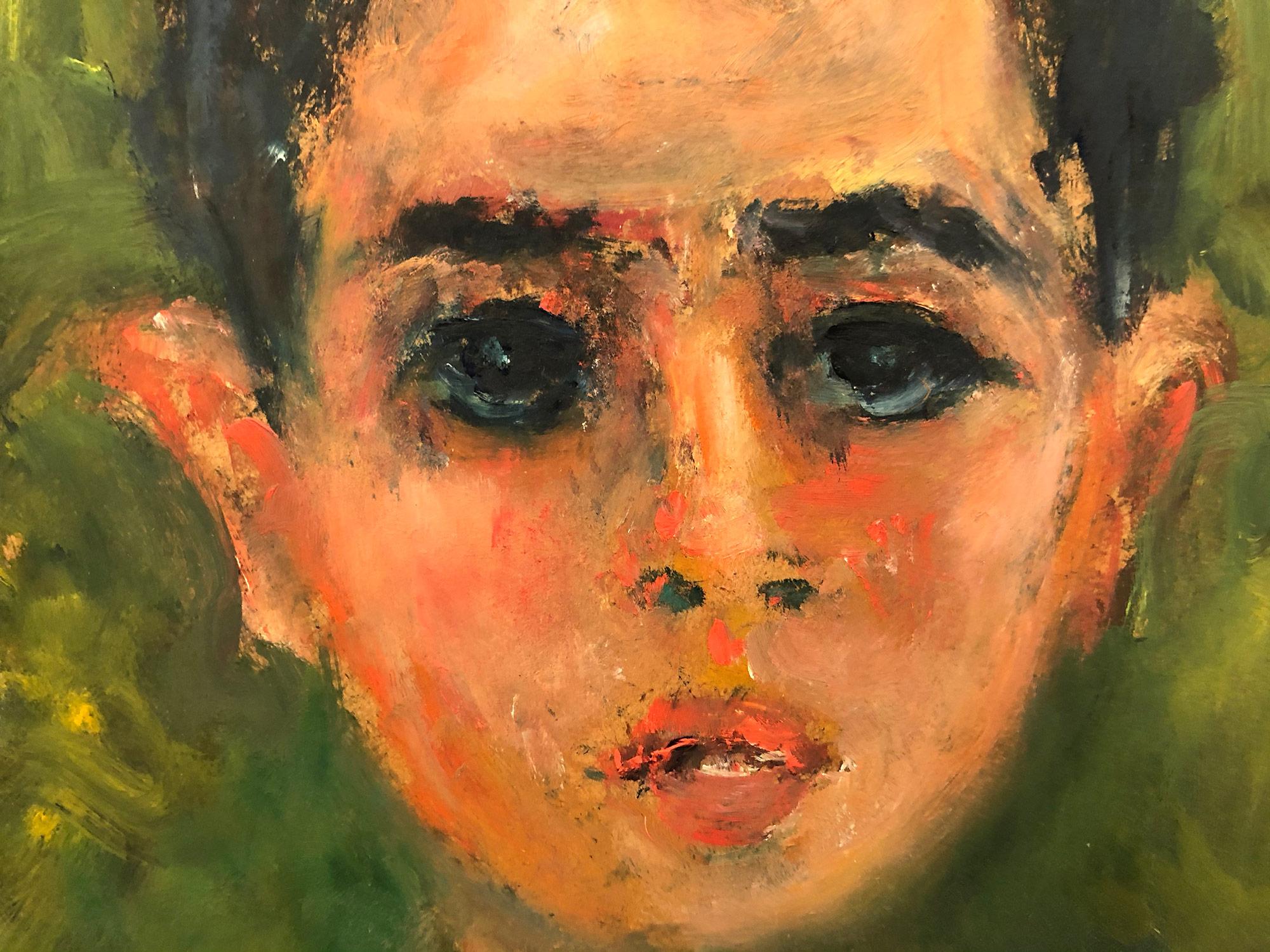 This painting depicts a whimsical portrait of a young boy with dark hair against a viridian green background. The bright colors and quick brush strokes are what make this painting so attractive and desirable. The piece is done in a highly