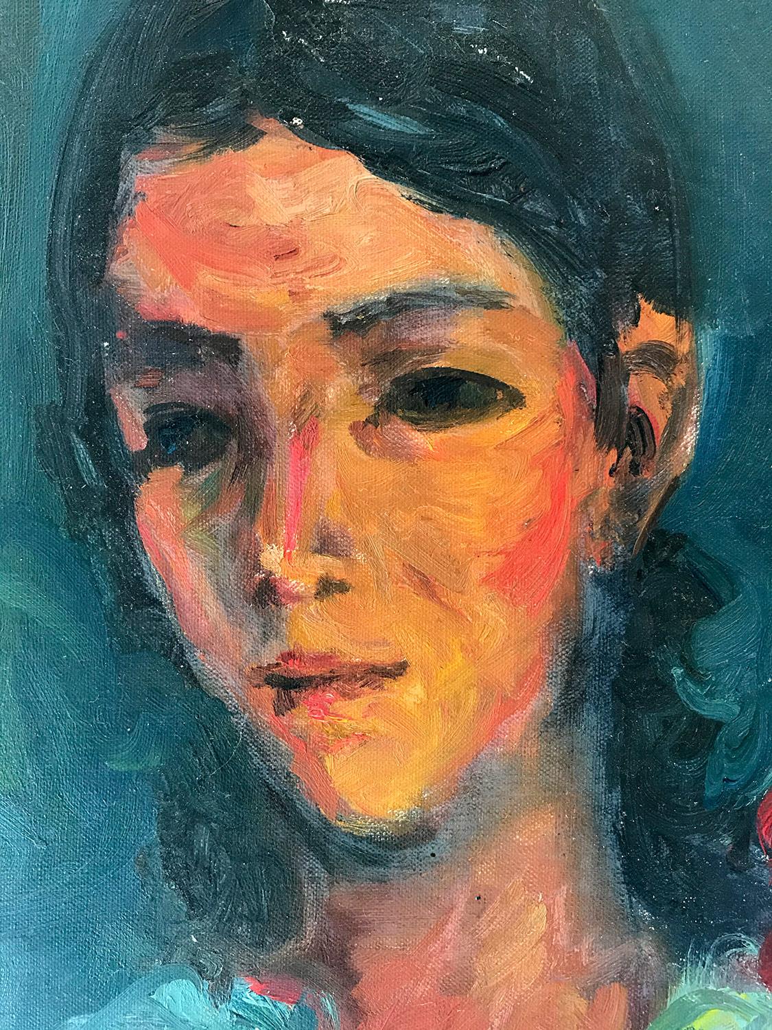 This painting depicts a whimsical portrait of a young girl with dark hair against an ultramarine blue background. The bright colors and quick brush strokes are what makes this painting so attractive and desirable. The piece is done in a highly