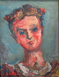 "Portrait of Young Girl With Two Braids" Post-Impressionist French Oil Painting