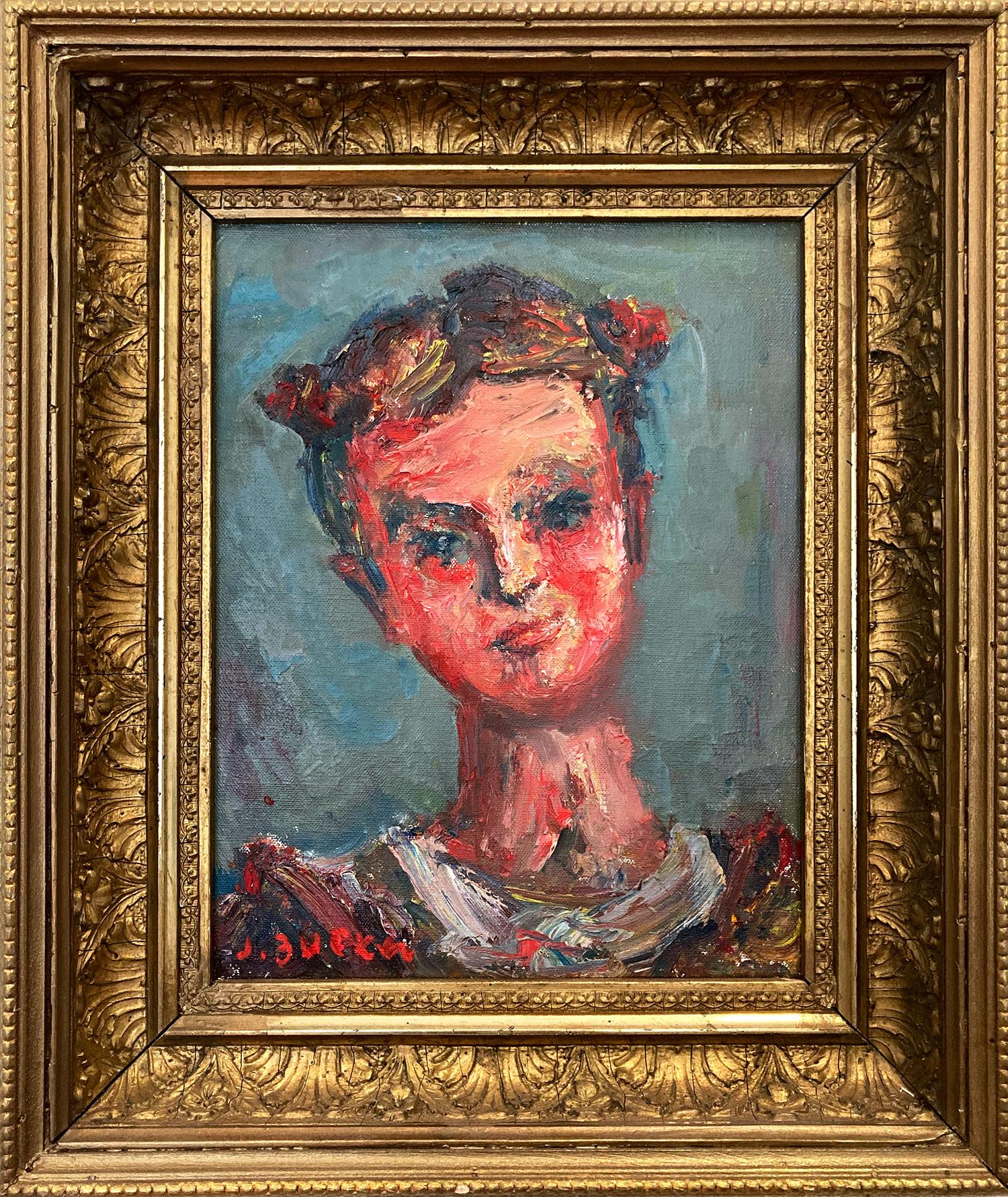 Portrait Painting di Jacques Zucker - "Ritratto di giovane ragazza con due trecce" Pittura a olio francese post-impressionista