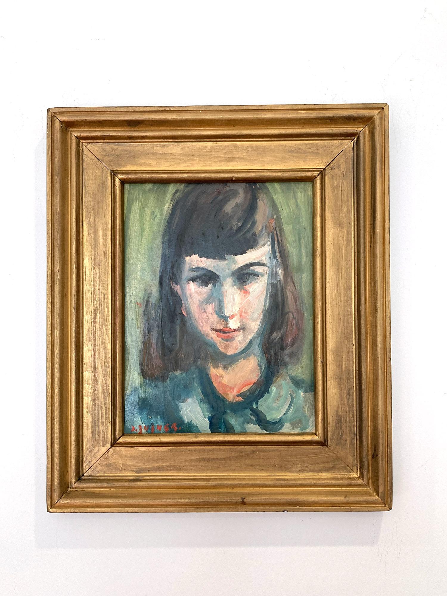 This painting depicts a whimsical portrait of a young girl with short brown hair against a light green background and she wears a blue dress. An emotion is felt with in her face. The bright colors used and quick brush strokes are what makes this
