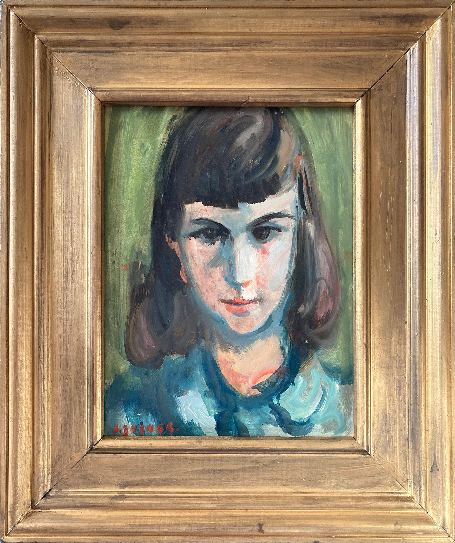 "Portrait of Young Girl with Blue Shirt" Post-Impressionist French Oil Painting