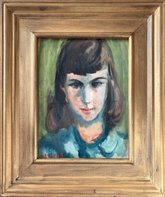 Vintage "Portrait of Young Girl with Blue Shirt" Post-Impressionist French Oil Painting