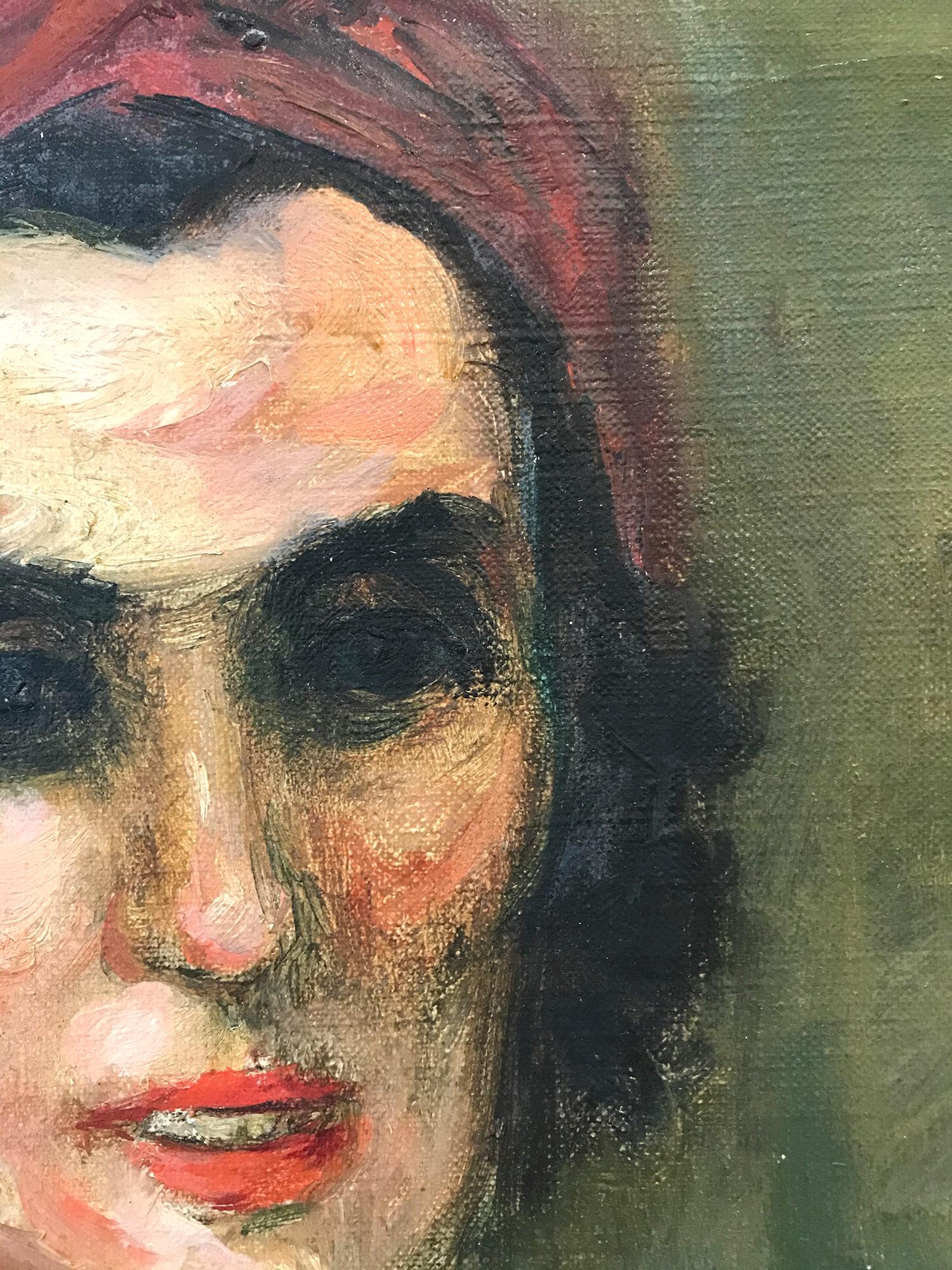 Este cuadro representa un caprichoso retrato de una joven con el pelo oscuro y la cabeza envuelta sobre un fondo verde viridiana. Los brillantes colores utilizados y las rápidas pinceladas son lo que hacen que este cuadro sea tan atractivo y