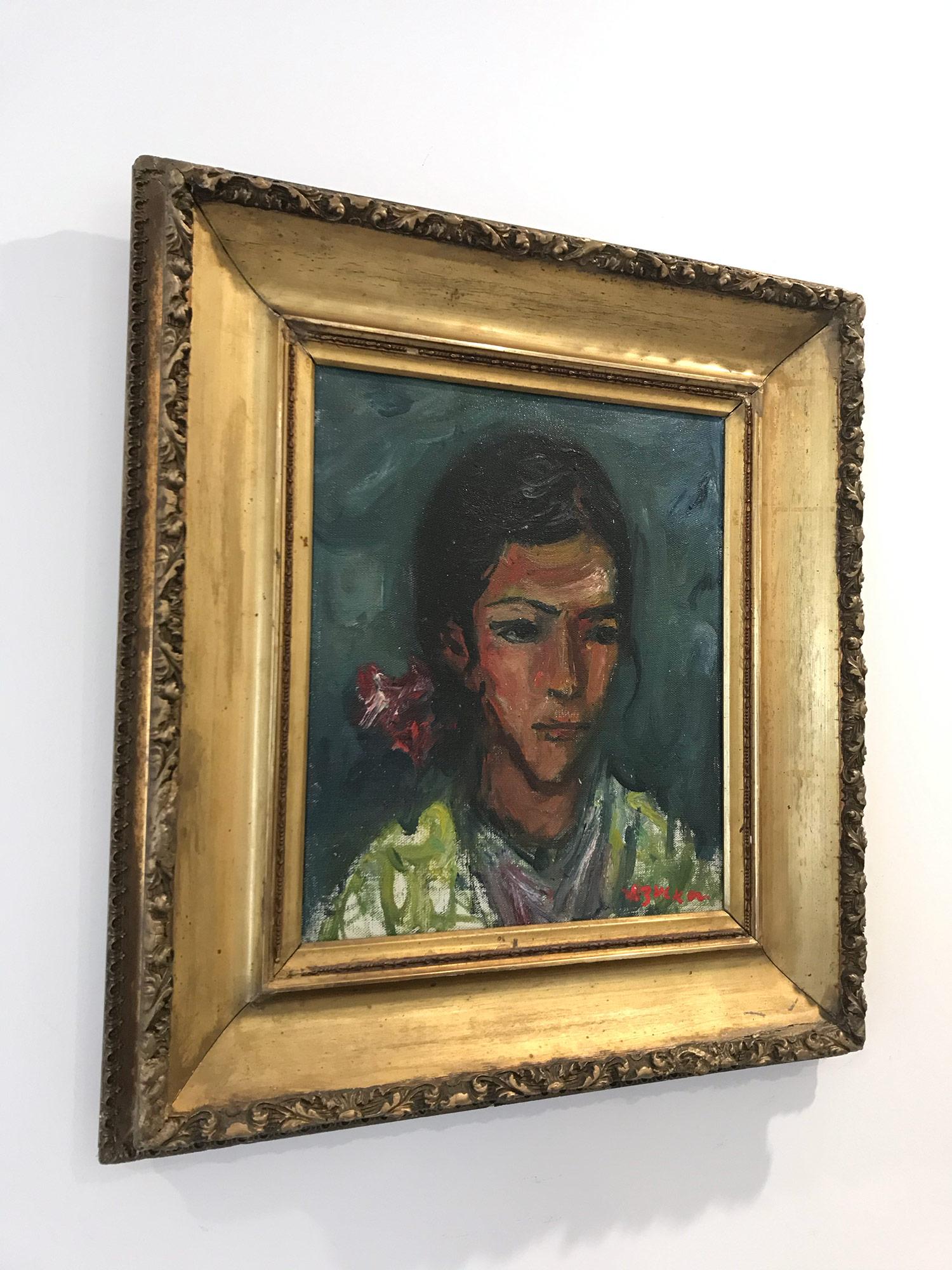 This painting depicts a whimsical portrait of a young Spanish Dancer with black hair against a deep blue background. She wears a red bow in her hair with bright green dress. An emotion is felt with in her face.  The bright colors used and quick