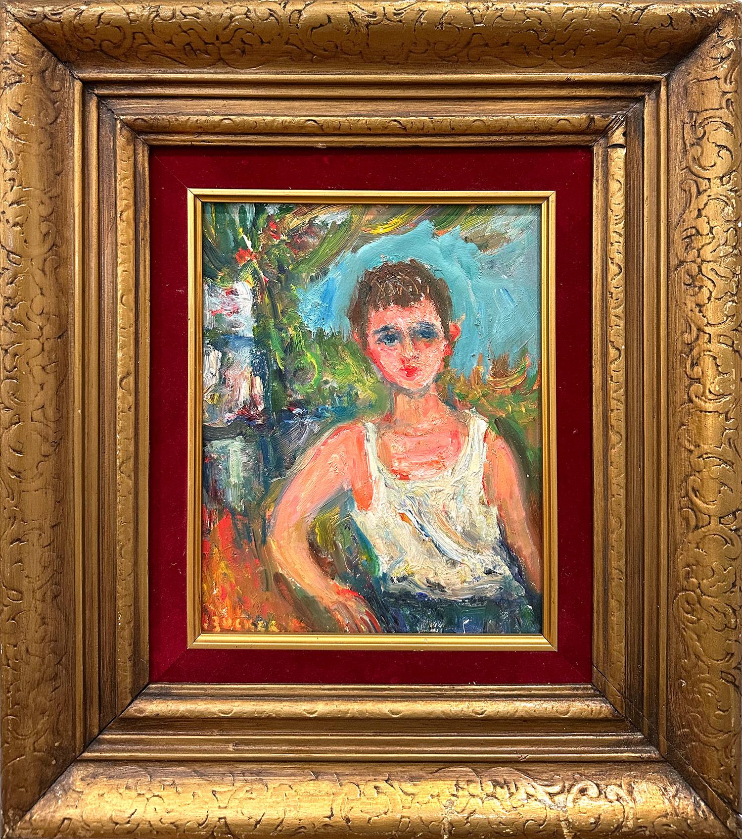 Jacques Zucker Portrait Painting - "Portrait of Young Boy" Post-Impressionism French Oil Painting on Panel Framed