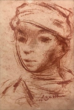 "Porträt eines Jungen" Postimpressionistische französische Sepia-Kreide-Malerei auf Papier