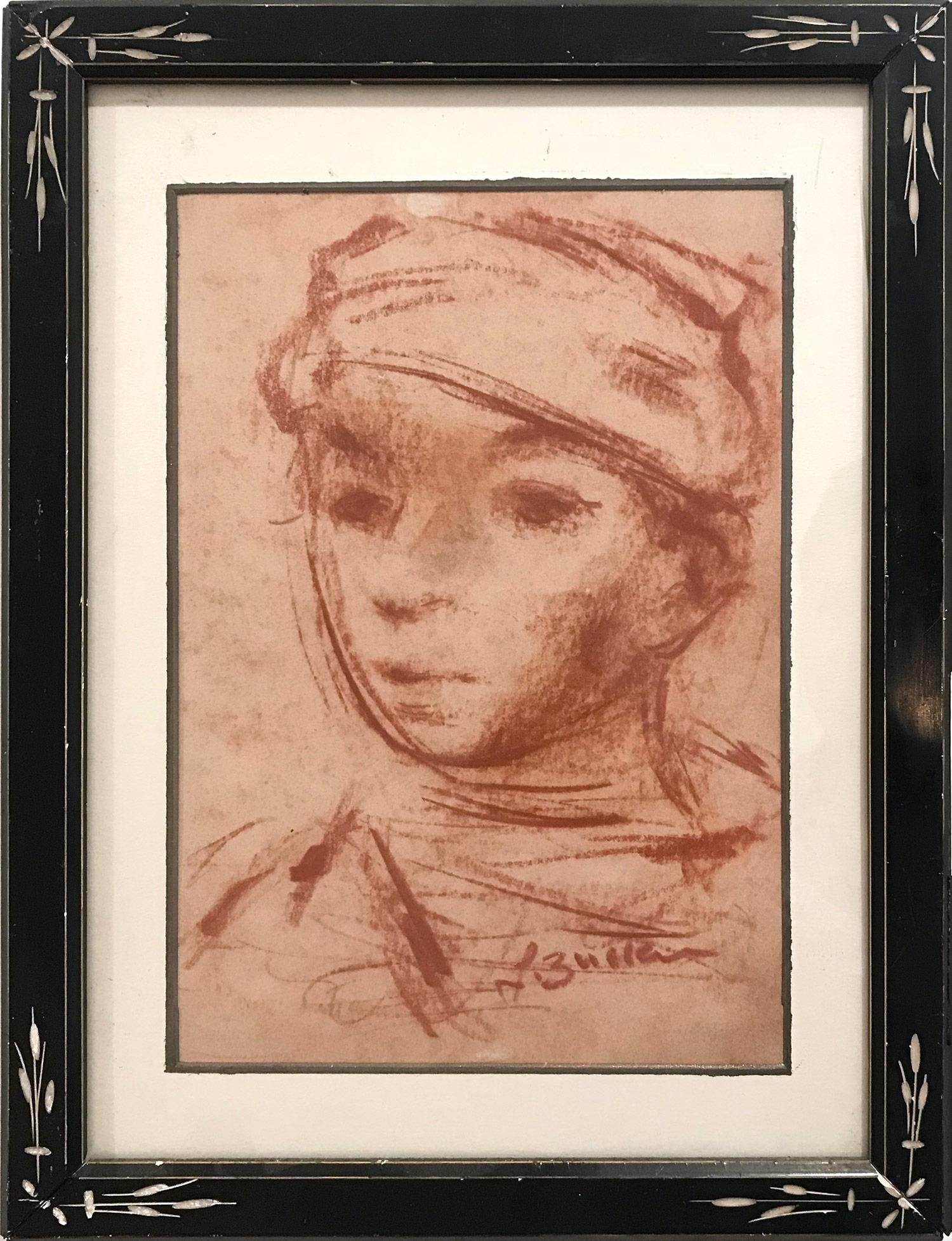 Jacques Zucker Portrait Painting - "Portrait of Young Boy" Post-Impressionism French Sepia Chalk Painting on paper