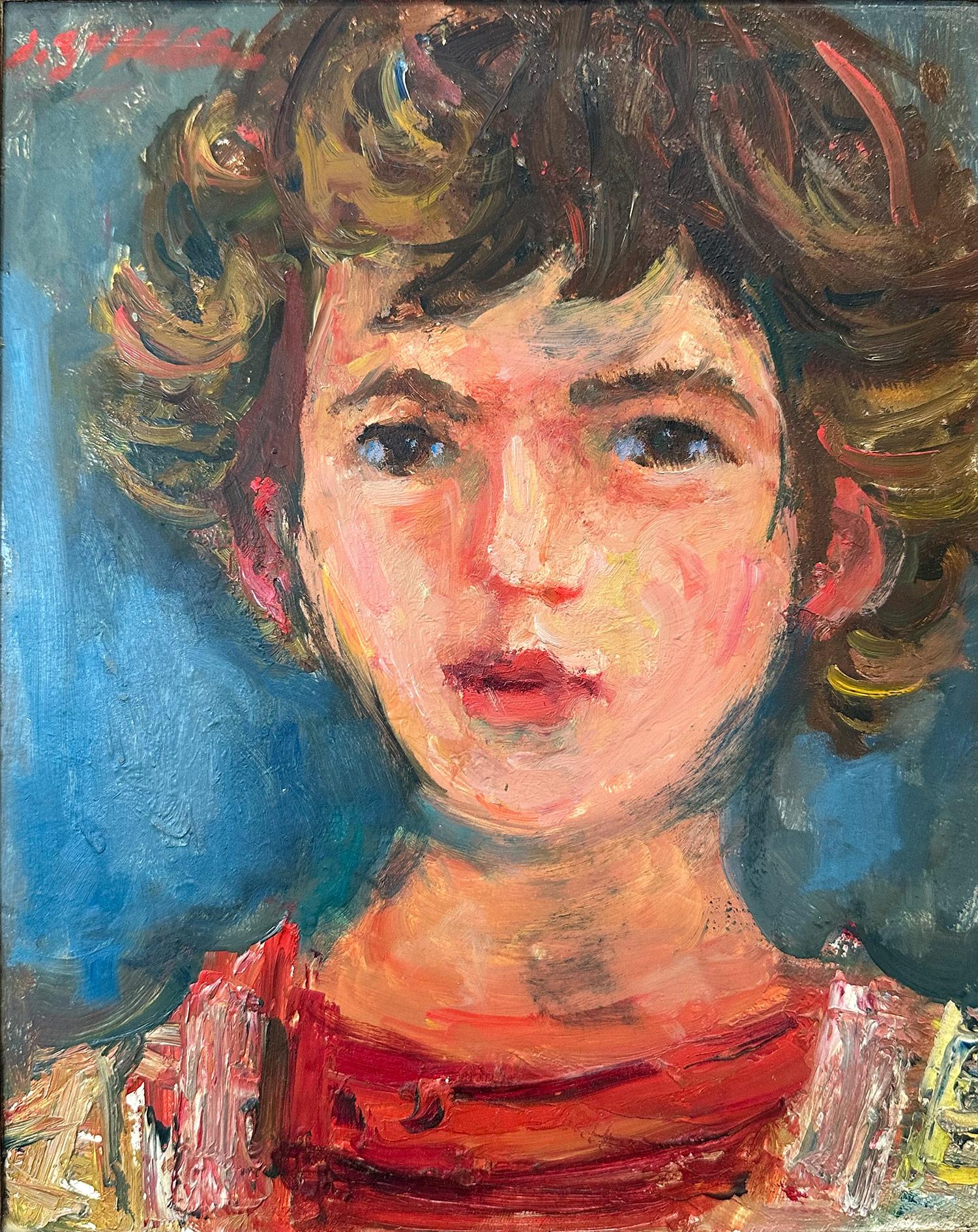 This painting depicts a whimsical portrait of a young girl with brown hair against a light blue background. The bright colors used and quick brush strokes are what makes this painting so attractive and desirable. The piece is done in a highly
