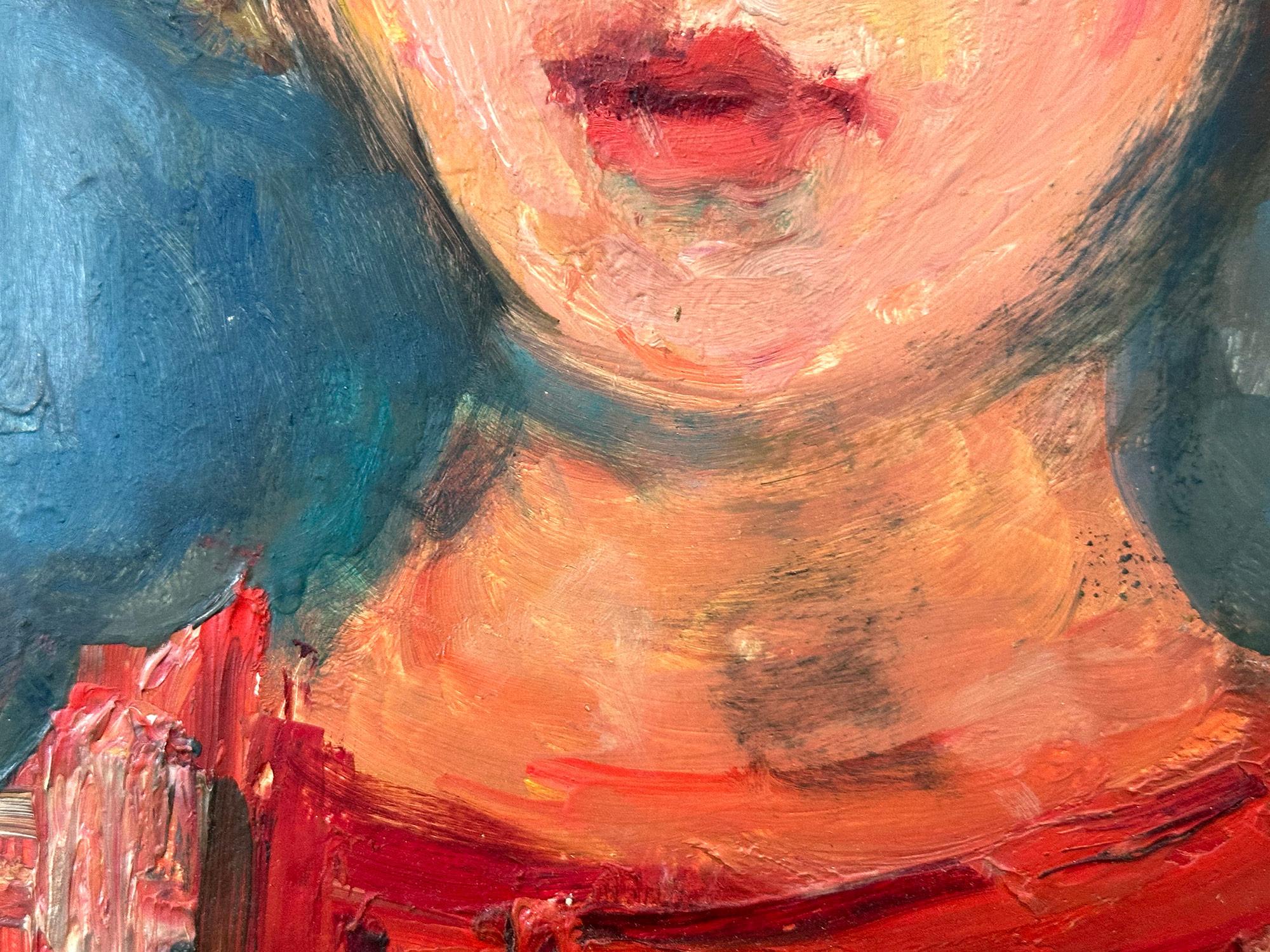 Este cuadro representa un caprichoso retrato de una joven de pelo castaño sobre un fondo azul claro. Los brillantes colores utilizados y las rápidas pinceladas son lo que hacen que este cuadro sea tan atractivo y deseable. La obra está realizada de