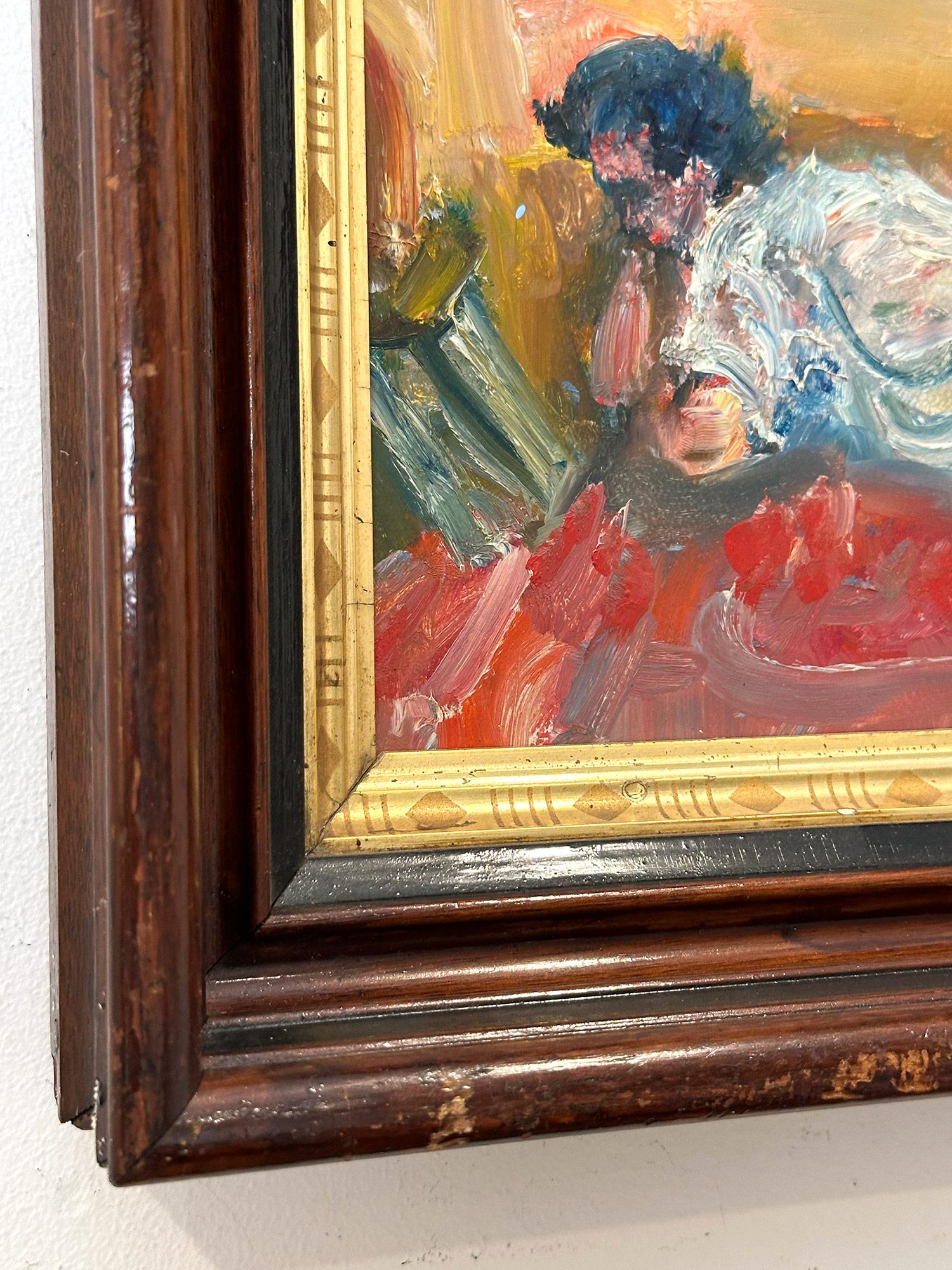 « Reading Figure Reading », peinture à l'huile colorée post-impressionniste sur panneau encadrée en vente 2