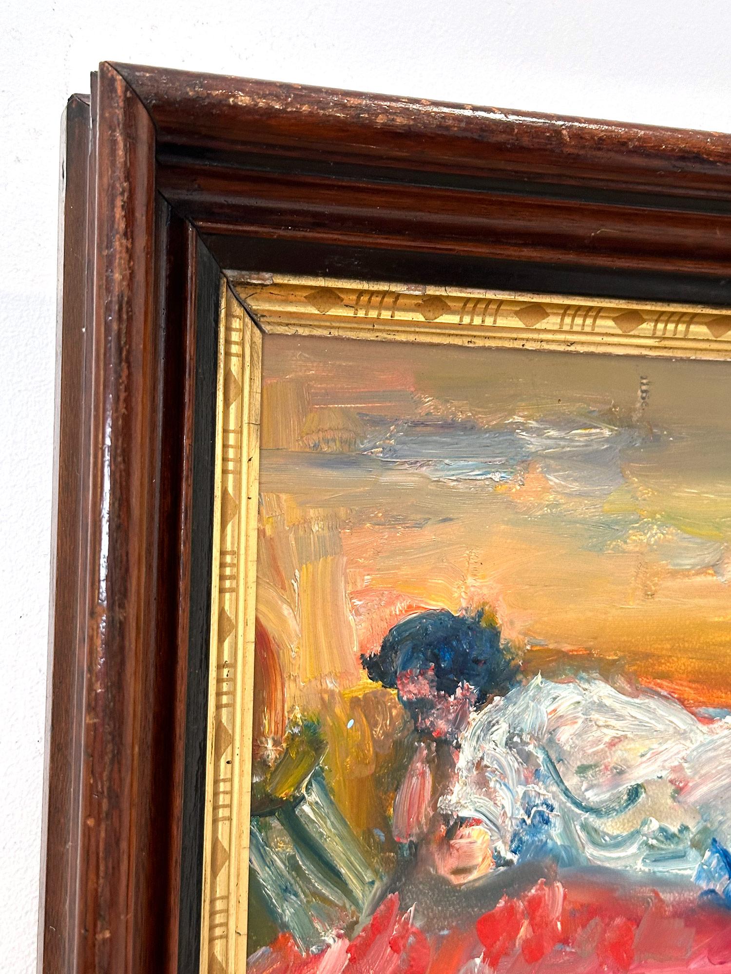 « Reading Figure Reading », peinture à l'huile colorée post-impressionniste sur panneau encadrée en vente 3