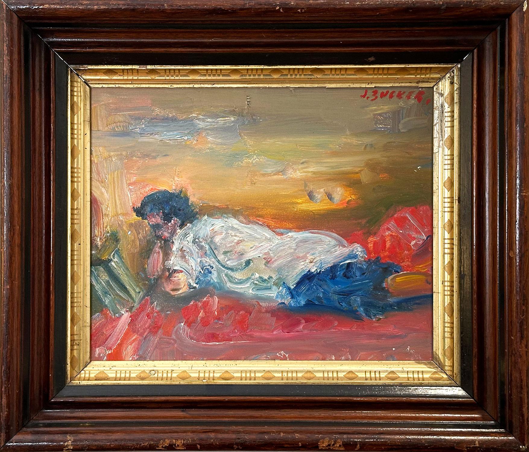 Jacques Zucker Interior Painting - "Laying Figure Reading" Post-Impressionist Colorful Oil Painting on Panel Framed