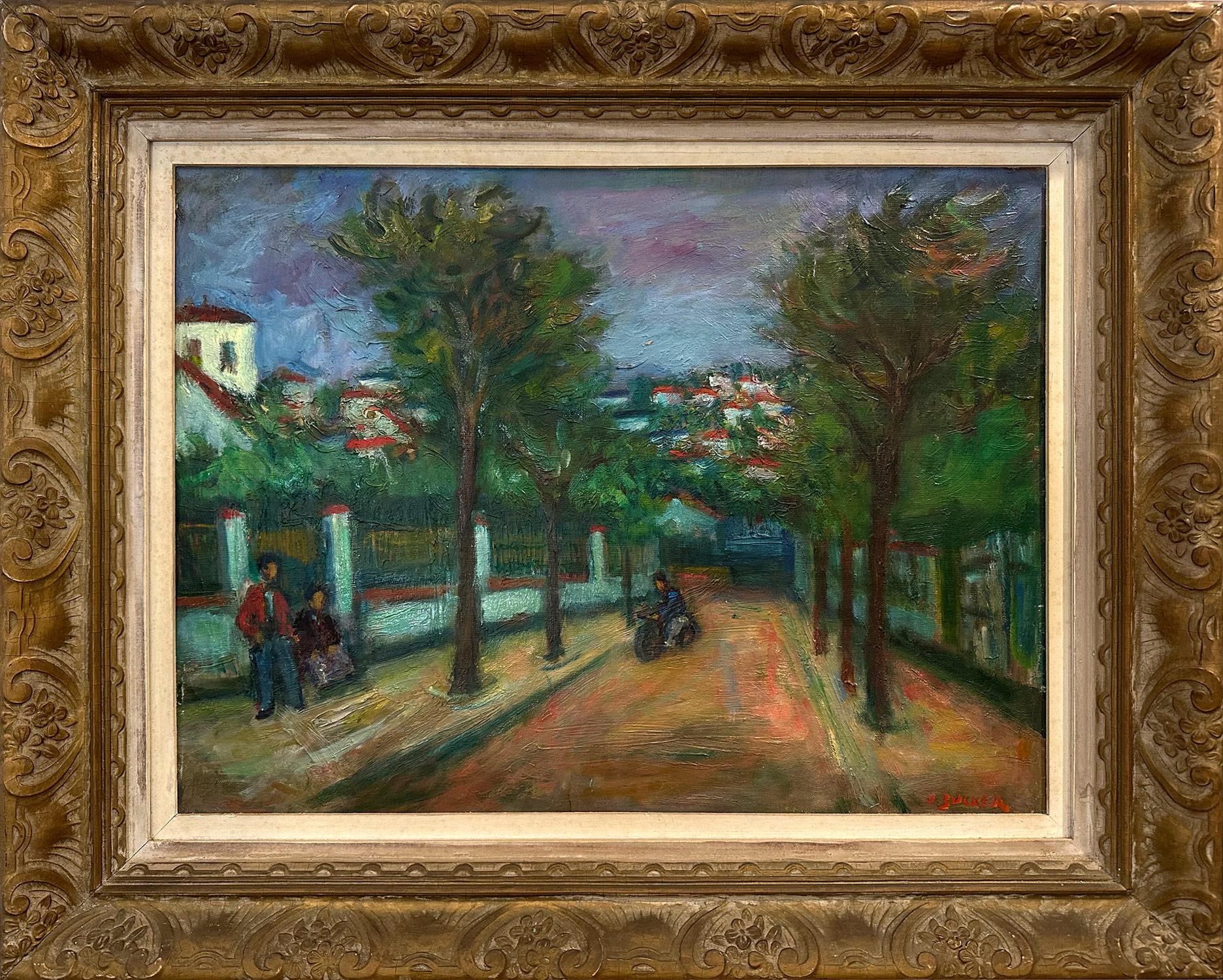 Landscape Painting Jacques Zucker - "Riding Through Town", peinture à l'huile sur toile post-impressionniste d'un village français