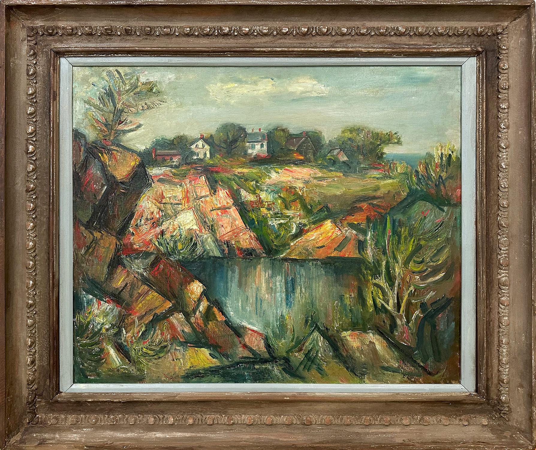 Jacques Zucker Landscape Painting - "Rockport Quarry" Impressionistic Oil Painting Landscape Overlooking Houses