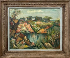 Vintage "Rockport Quarry" Impressionistic Oil Painting Landscape Overlooking Houses