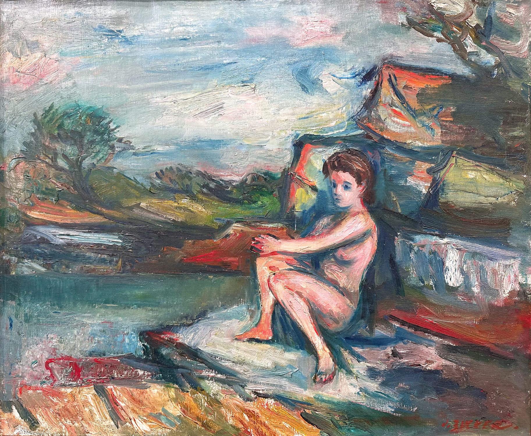 This painting depicts a whimsical scene of a nude sun bather resting by the lake with the trees and vegetation on the background. The bright colors and quick brush strokes are what makes this painting so attractive and desirable. The piece is done