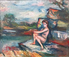 "Sun Bather by the Lake" Post-Impressionist Nude Oil Painting on Canvas Framed