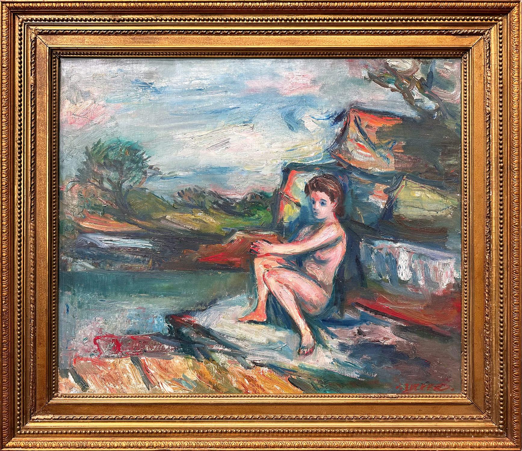 "Bagnante al lago" Pittura a olio su tela di un nudo post-impressionista con cornice