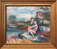 "Bañista de sol junto al lago" Pintura al óleo postimpresionista de desnudo sobre lienzo Enmarcada