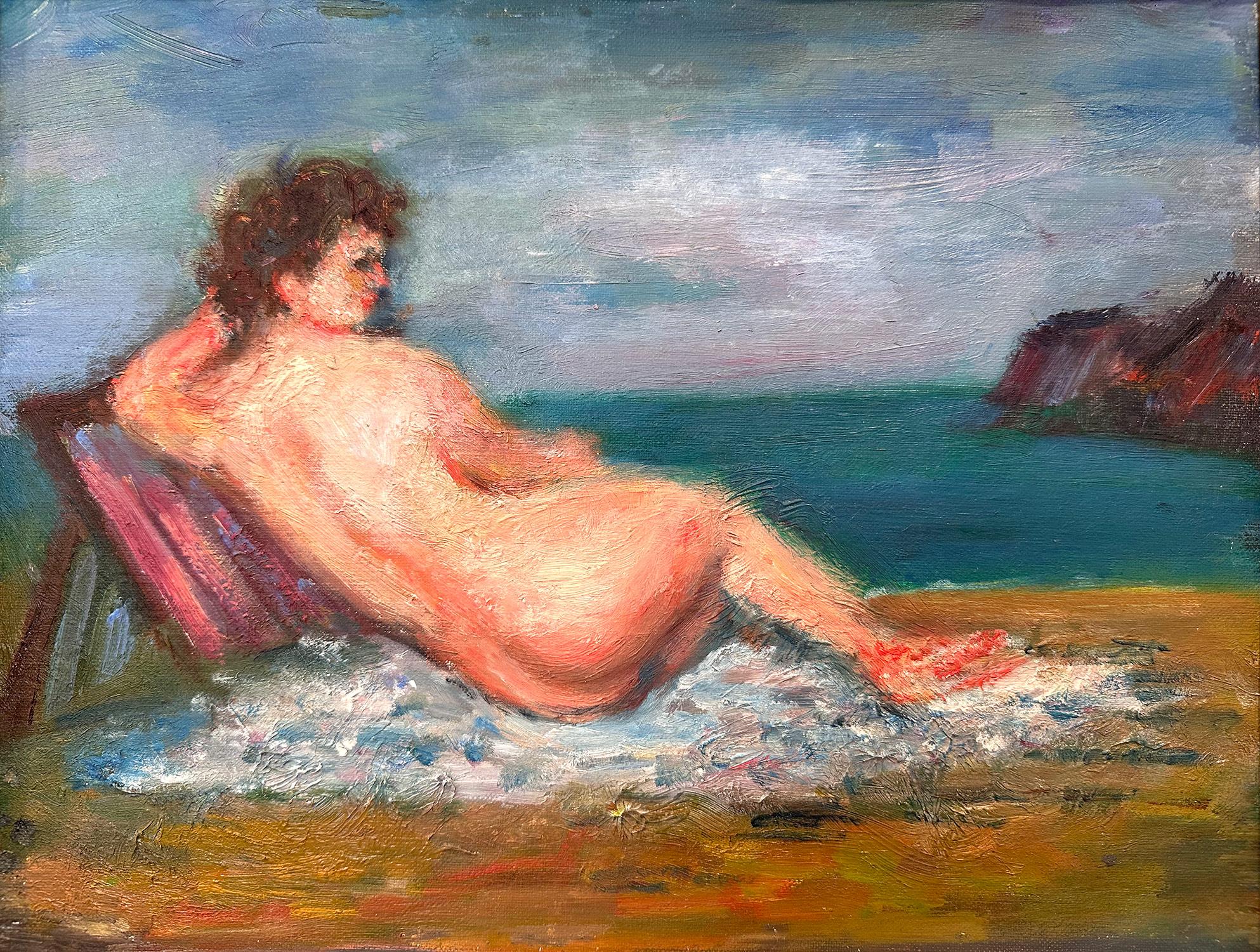 This painting depicts a whimsical scene of a nude sun bather resting by the sea shore on a blanket with the coast in the background. The bright colors and quick brush strokes are what makes this painting so attractive and desirable. The piece is