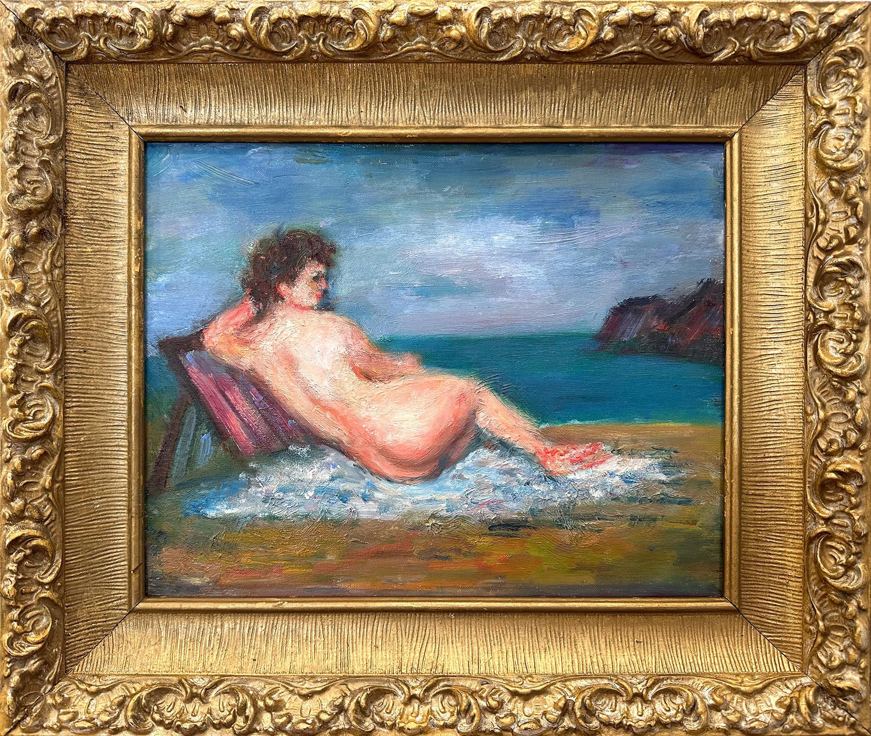 Jacques Zucker Landscape Painting - "Sun Bather by the Shore" Post-Impressionist Nude Oil Painting on Canvas Framed