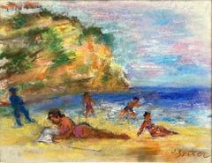"Sun Bathers by the Shore" Post-Impressionist Oil Painting on Paper Framed