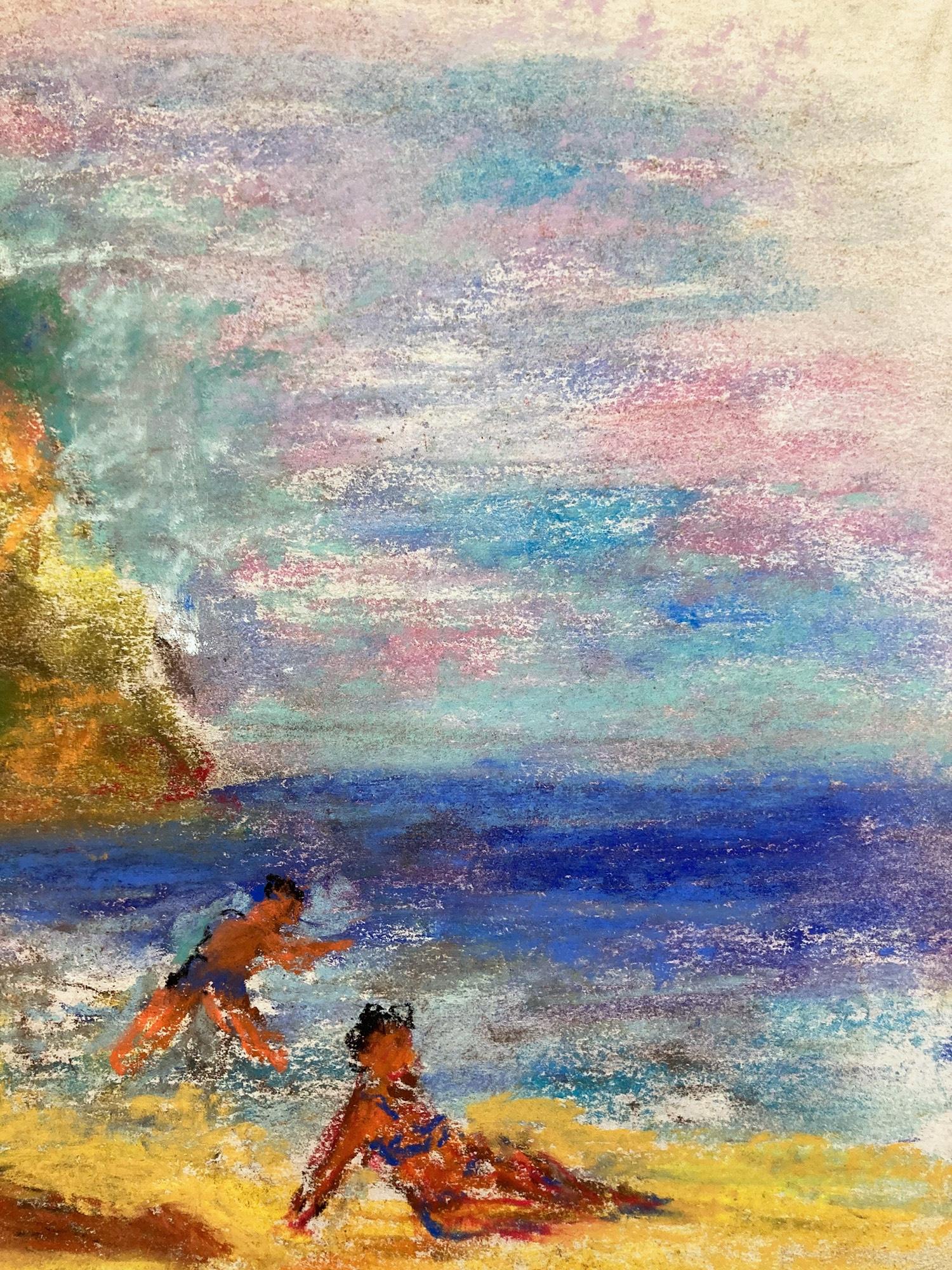 Questo quadro raffigura una scena stravagante di bagnanti in riva al mare con la costa sullo sfondo. I colori vivaci e le pennellate veloci sono ciò che rende questo dipinto così attraente e desiderabile. L'opera è realizzata in modo altamente