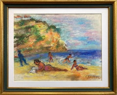 "Sun Bathers by the Shore" Post-Impressionist Oil Painting on Paper Framed