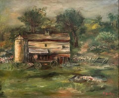 "Sunday at the Barn", peinture à l'huile sur toile post-impressionniste de paysage encadrée