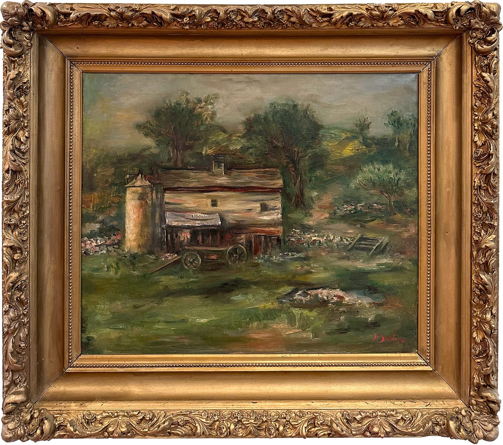 Jacques Zucker Landscape Painting - "Sunday at the Barn" Post-Impressionist Landscape Oil Painting on Canvas Framed