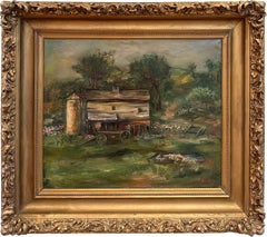 Vintage "Sunday at the Barn" Post-Impressionist Landscape Oil Painting on Canvas Framed