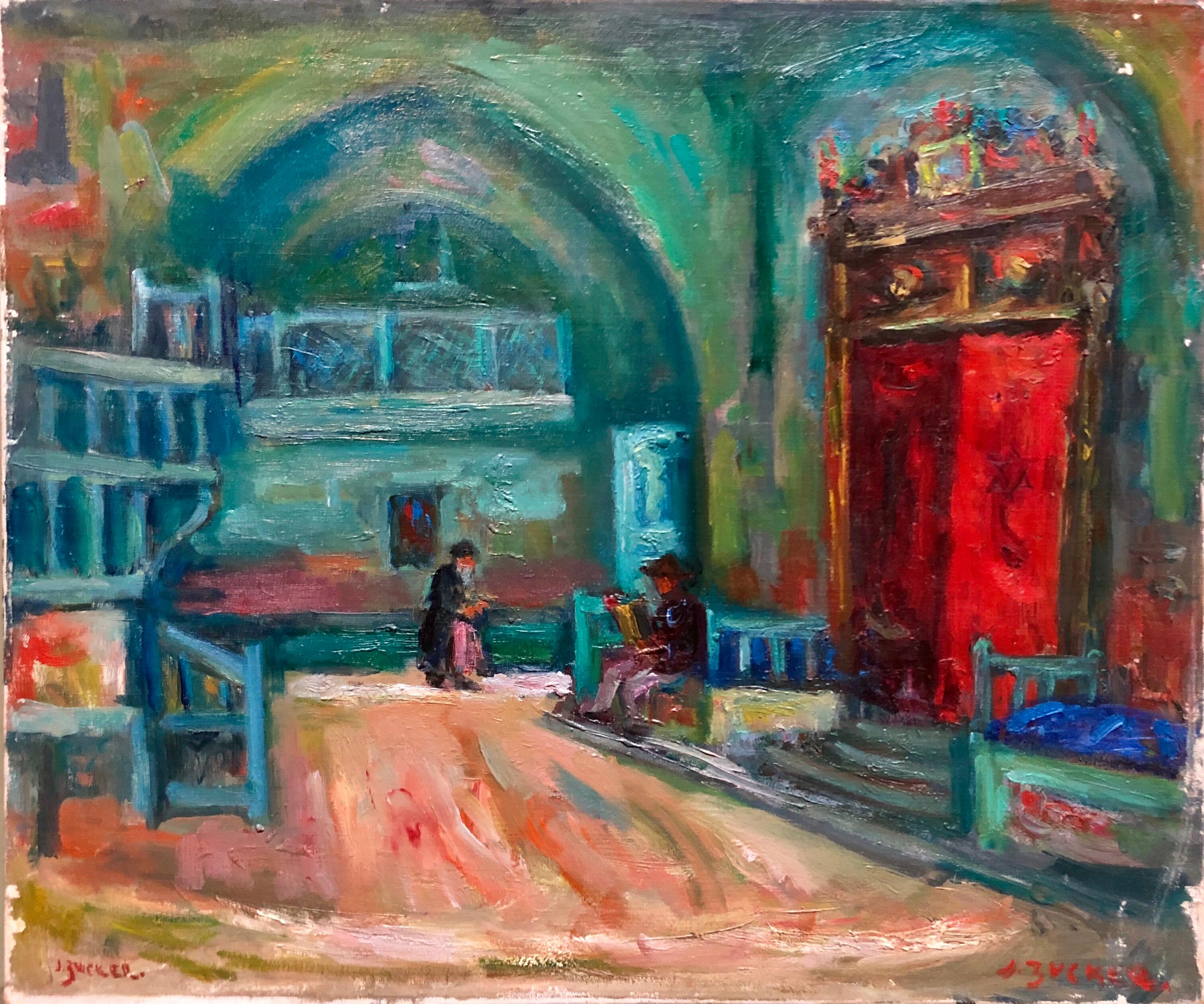 Intérieur de la Synagogue de Jérusalem, peinture à l'huile judaïque française, école israélienne Bezalel - Painting de Jacques Zucker