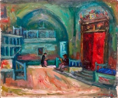 Synagogue Interior Jerusalem French Judaica Oil Painting Israeli Bezalel School