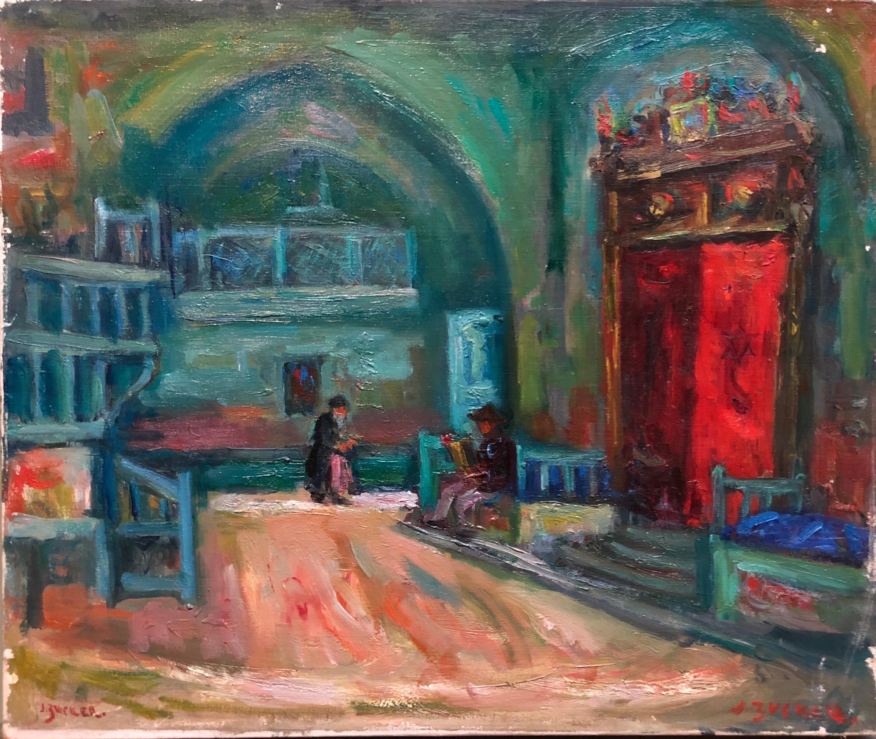 Intérieur de la Synagogue de Jérusalem, peinture à l'huile judaïque française, école israélienne Bezalel - Post-impressionnisme Painting par Jacques Zucker