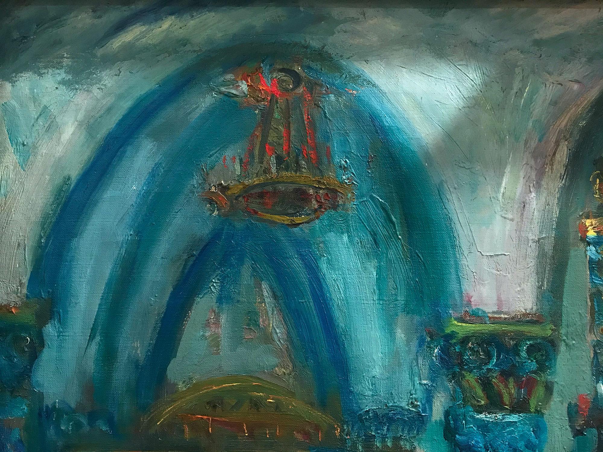 Postimpressionistisches Ölgemälde auf Leinwand „Synagogue-Interieurszene mit Figur“ (Post-Impressionismus), Painting, von Jacques Zucker