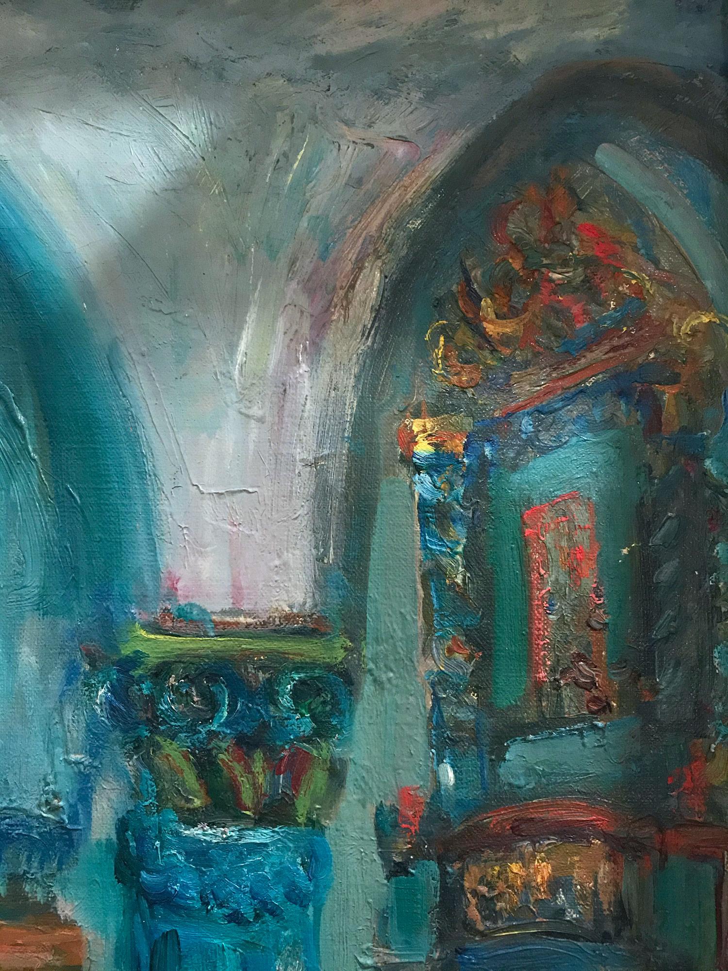 Cette remarquable peinture à l'huile représente un personnage religieux assis dans une synagogue aux colonnes décorées et aux arcs entrecoupés. Les couleurs vives et les coups de pinceau rapides rendent cette pièce si attrayante et désirable.