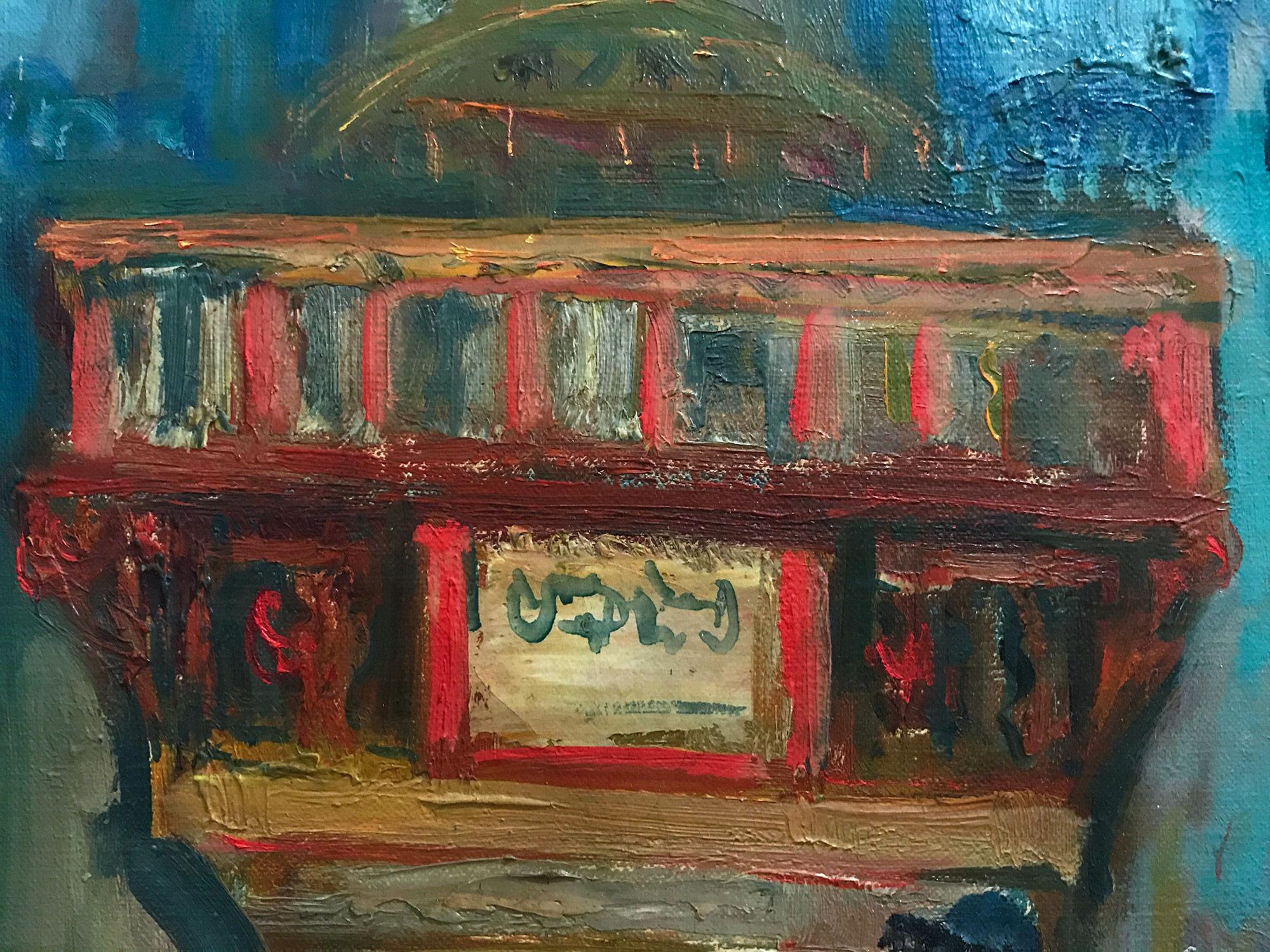 Postimpressionistisches Ölgemälde auf Leinwand „Synagogue-Interieurszene mit Figur“ im Angebot 1