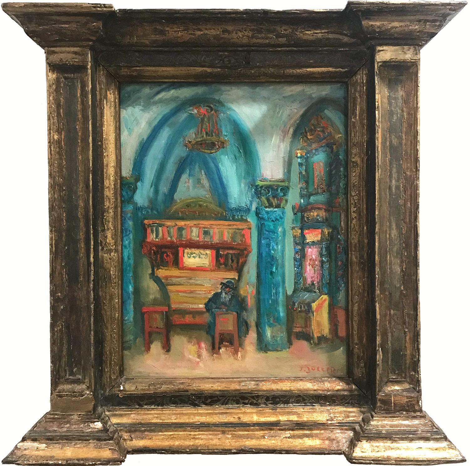 Jacques Zucker Figurative Painting - "Synagogue Interior Scene with Figure" Post-Impressionist Oil Painting on Canvas
