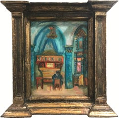 Vintage "Synagogue Interior Scene with Figure" Post-Impressionist Oil Painting on Canvas