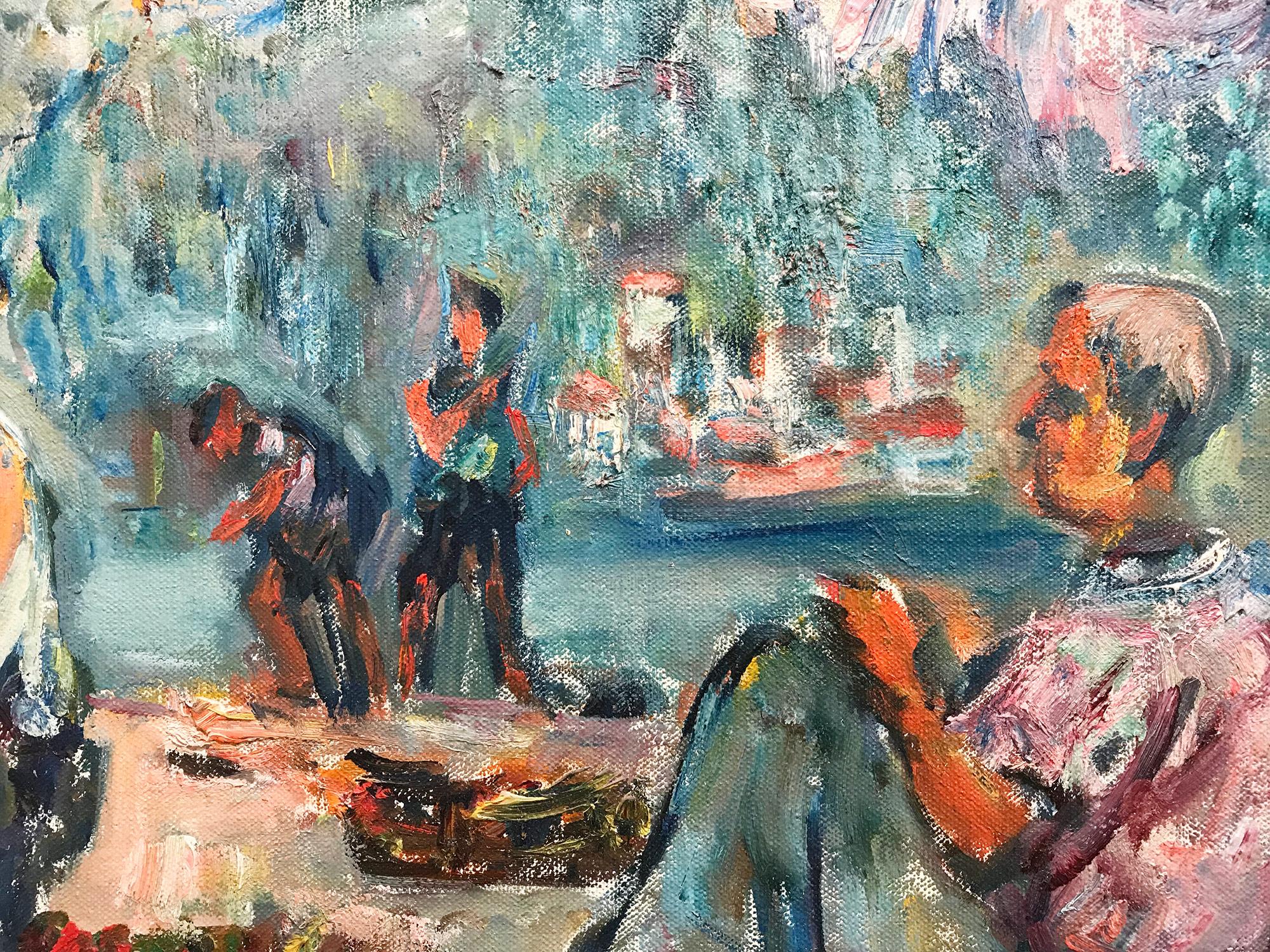 This painting depicts a landscape of workers done sometime in the mid-century on sight with figures in motion throughout the canvas. The robust colors and quick brush strokes are what makes this painting so attractive and desirable. The piece is