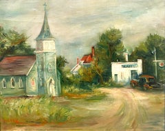 "Town's Church" Post-Impressionist Landscape Oil Painting on Canvas Framed