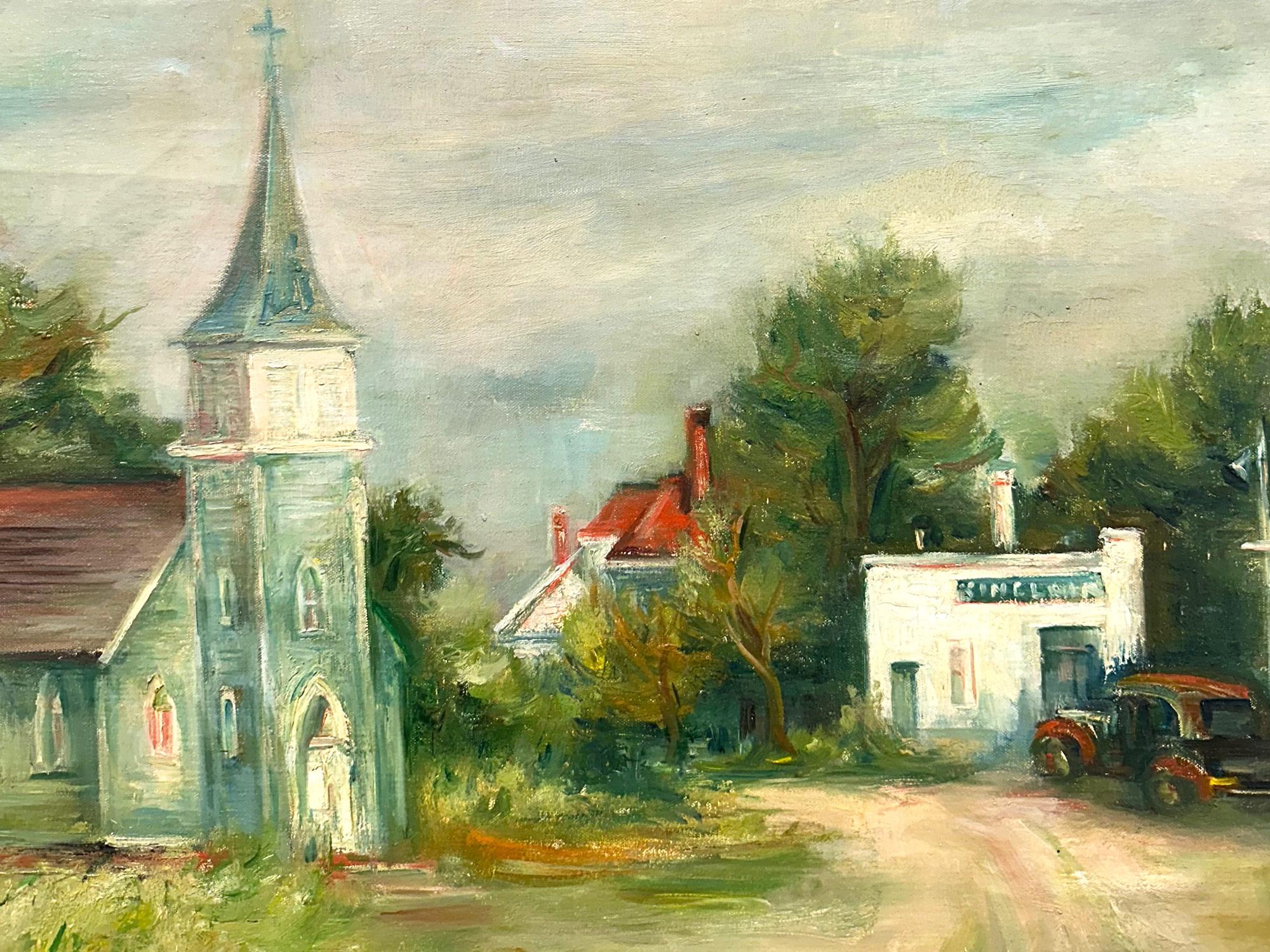 This painting depicts a whimsical landscape of the town's church and gas station with an old pick up truck. The pathway crossing through the town with the village houses in the distance is a charming sight. And just across lush trees encompass the