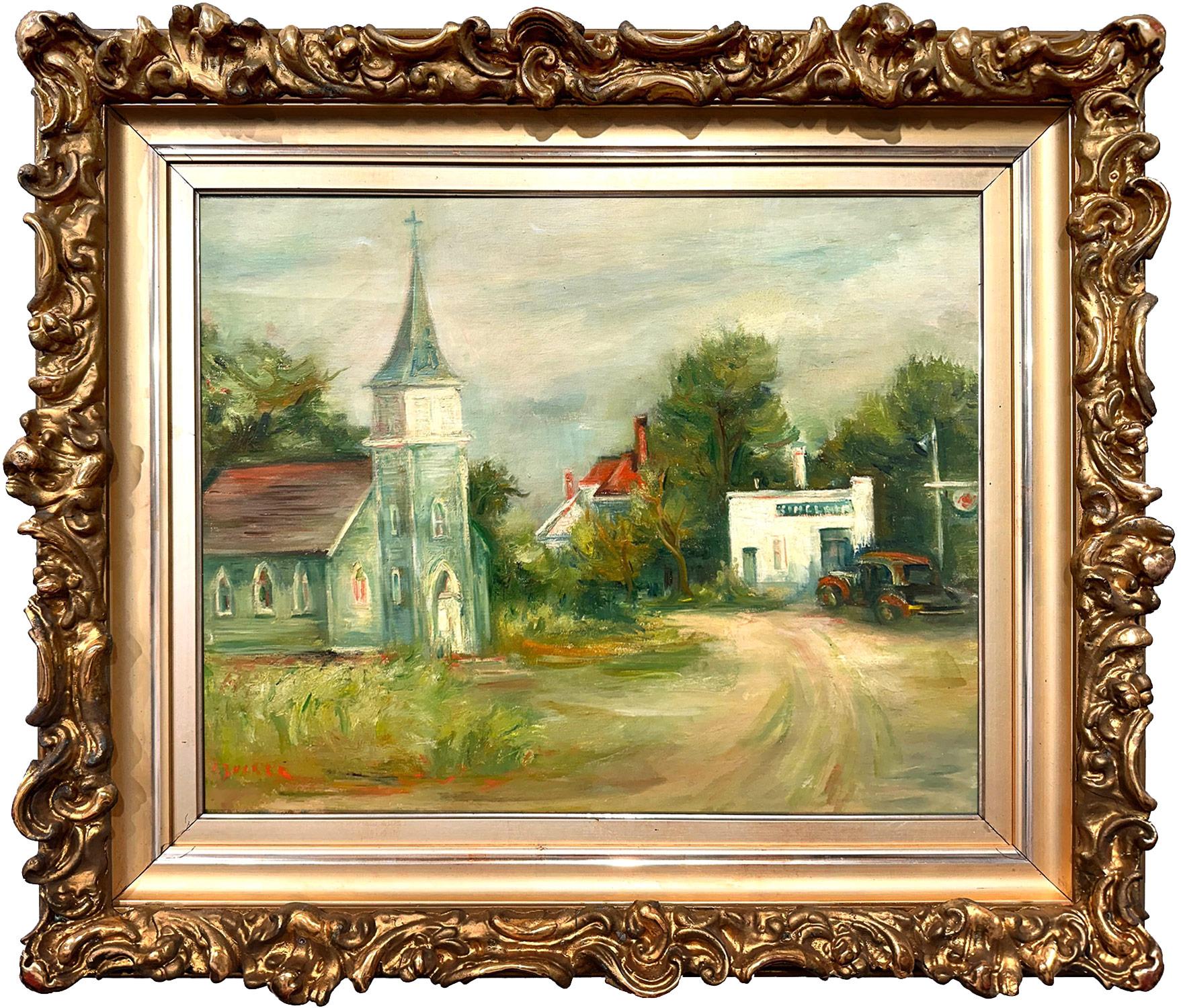 Jacques Zucker Landscape Painting - "Town's Church" Post-Impressionist Landscape Oil Painting on Canvas Framed