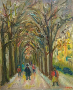 Vintage Tree Lined Park Path Oil Painting Ecole D'Paris WPA Bezalel Artist