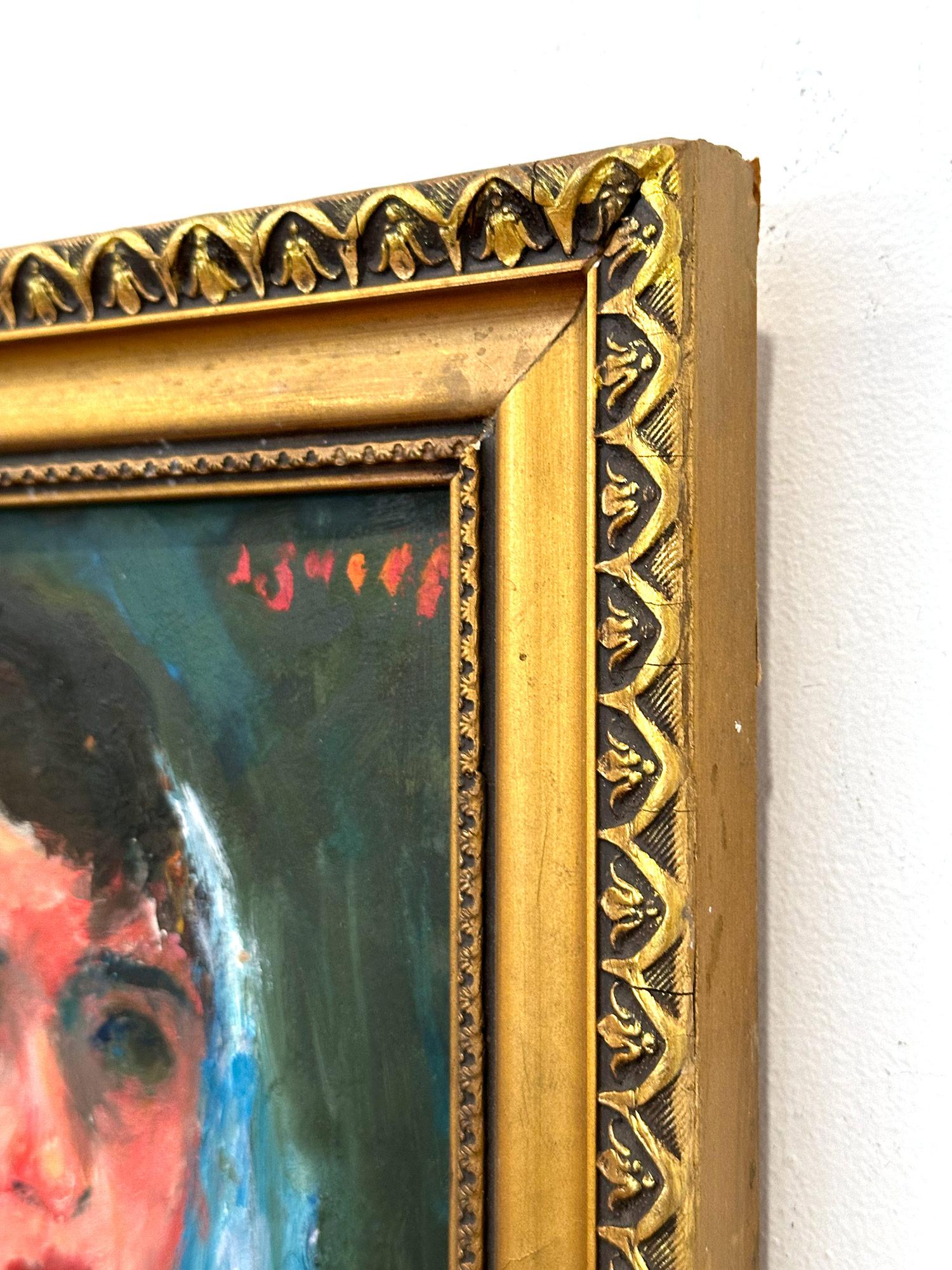 „Frau mit blauem Schal“, Pariser postimpressionistisches französisches Ölgemälde, gerahmt im Angebot 6