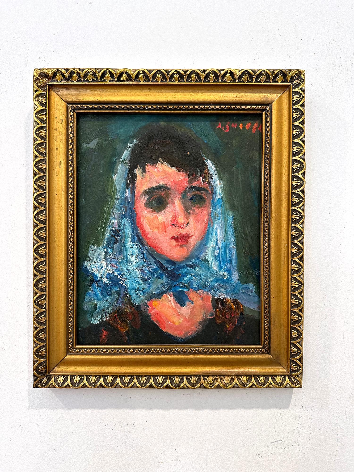 „Frau mit blauem Schal“, Pariser postimpressionistisches französisches Ölgemälde, gerahmt im Angebot 9